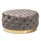 Baxton Studio Sasha Glam and Luxe Grey Velvet Fabric Upholstered Gold Finished Round Cocktail Ottoman